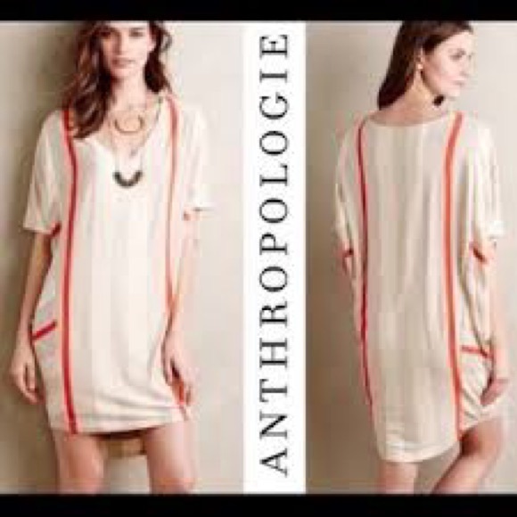 Anthropologie Dresses & Skirts - Anthropologie Gray Ivory Orange Striped Short Sleeve Shift Tunic Dress Size S